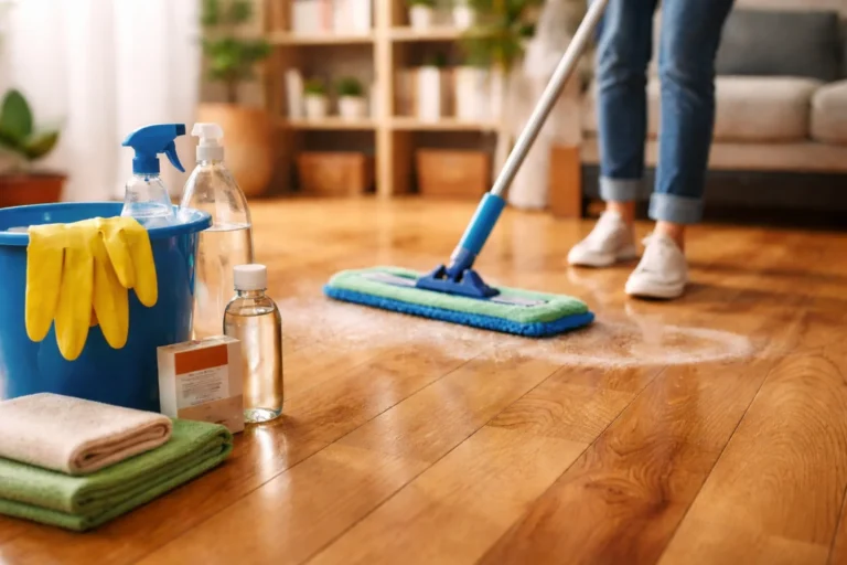 Domowe sposoby na mycie drewnianej podłogi – mycie parkietu płaskim mopem z mikrofibry w jasnym salonie