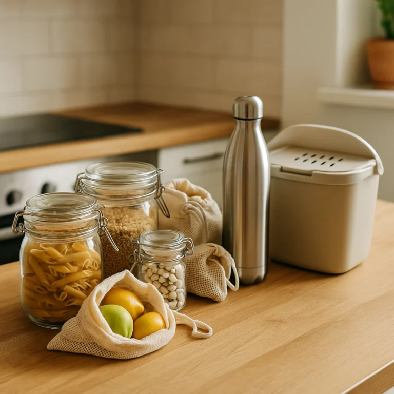 Ekologiczne życie w łazience: prysznic z oszczędną słuchawką, mydło i szampon w kostce, szklane dozowniki refill na półce