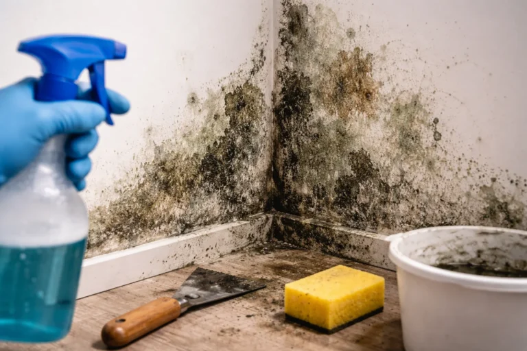 Grzyb na ścianie w rogu pokoju i przygotowanie do usuwania pleśni