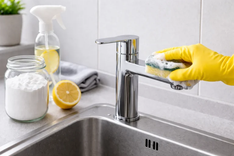 Czyszczenie chromowanego kranu domowym sposobem nad stalowym zlewem przy użyciu gąbki i delikatnych środków