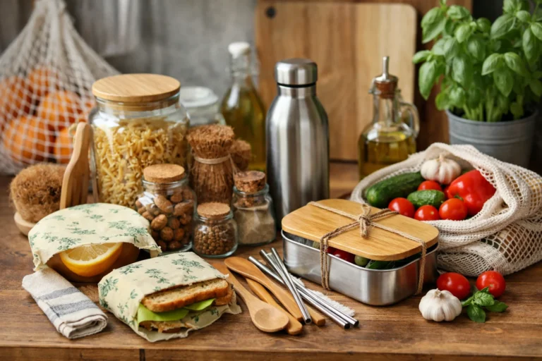 Ekologiczne akcesoria kuchenne ograniczające plastik – szklane słoiki, stalowy lunchbox, butelka wielorazowa i bawełniane siatki na zakupy