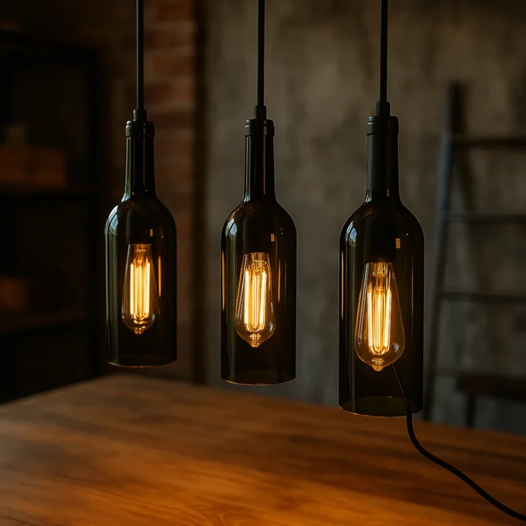 Kreatywne lampy z butelek nad drewnianym stołem w loftowym wnętrzu