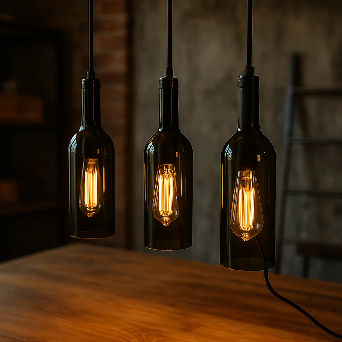 Kreatywne lampy z butelek nad drewnianym stołem w loftowym wnętrzu