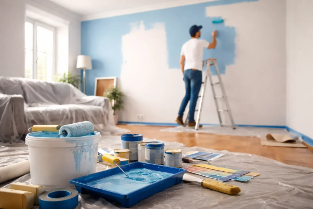 Malowanie pokoju na jasnoniebieski kolor – przygotowane wnętrze, wałek, kuweta i farba na zabezpieczonej podłodze