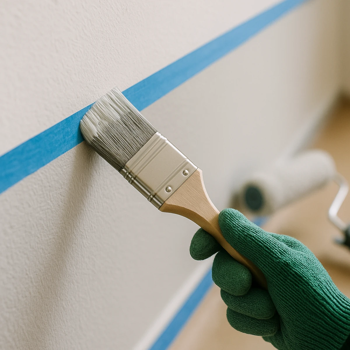 malowanie pokoju – odcięcie przy suficie pędzlem wzdłuż taśmy