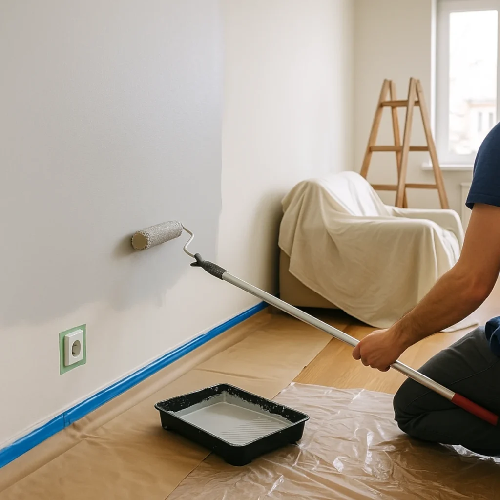 malowanie pokoju wałkiem na kiju – zabezpieczona podłoga, listwa i gniazdko