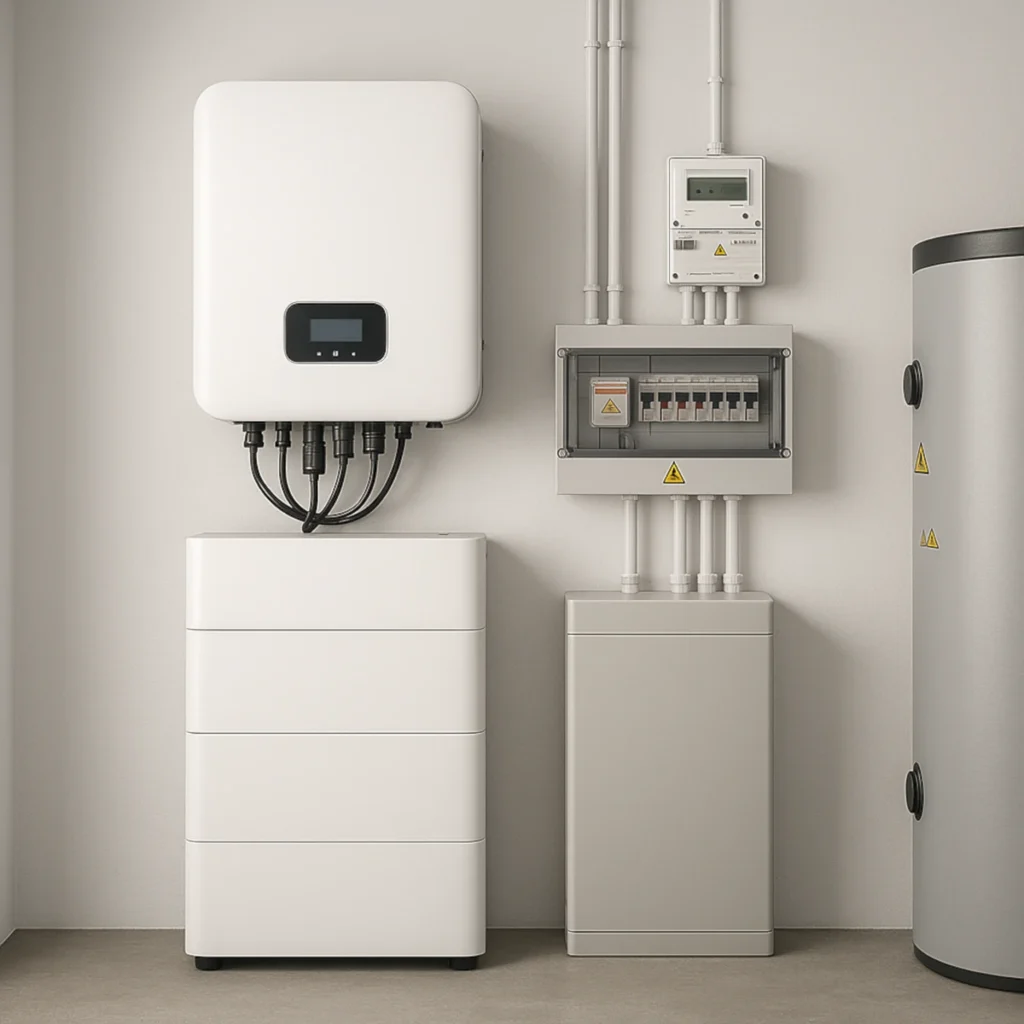 Falownik hybrydowy i magazyn energii LiFePO4 w domowej rozdzielni, licznik i zabezpieczenia w schludnym układzie.