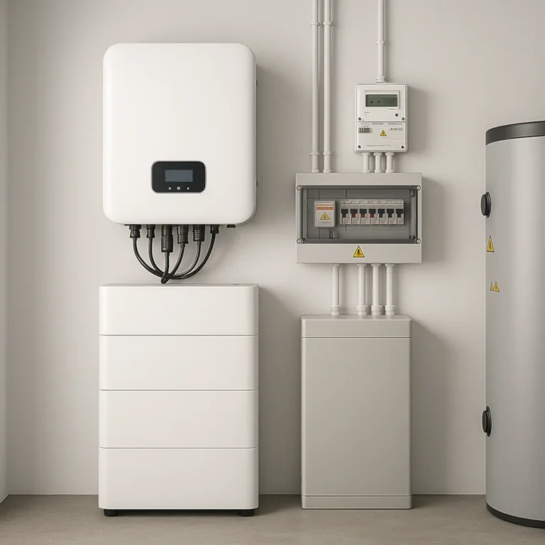 Falownik hybrydowy i magazyn energii LiFePO4 w domowej rozdzielni, licznik i zabezpieczenia w schludnym układzie.