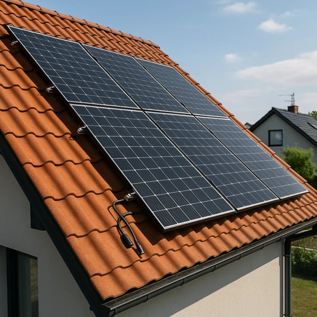 Instalacja fotowoltaiczna na dachu domu jednorodzinnego, monokrystaliczne panele na szynach montażowych w słoneczny dzień.