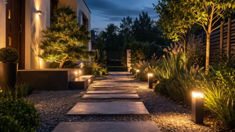 Nowoczesne oświetlenie ogrodowe przy tarasie i ścieżce wokół domu po zmroku