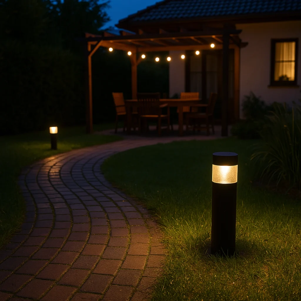 Oświetlenie ogrodowe LED 12V na ścieżce z kostki, ciepła barwa 2700–3000 K, pergola i stół na tarasie po zmroku