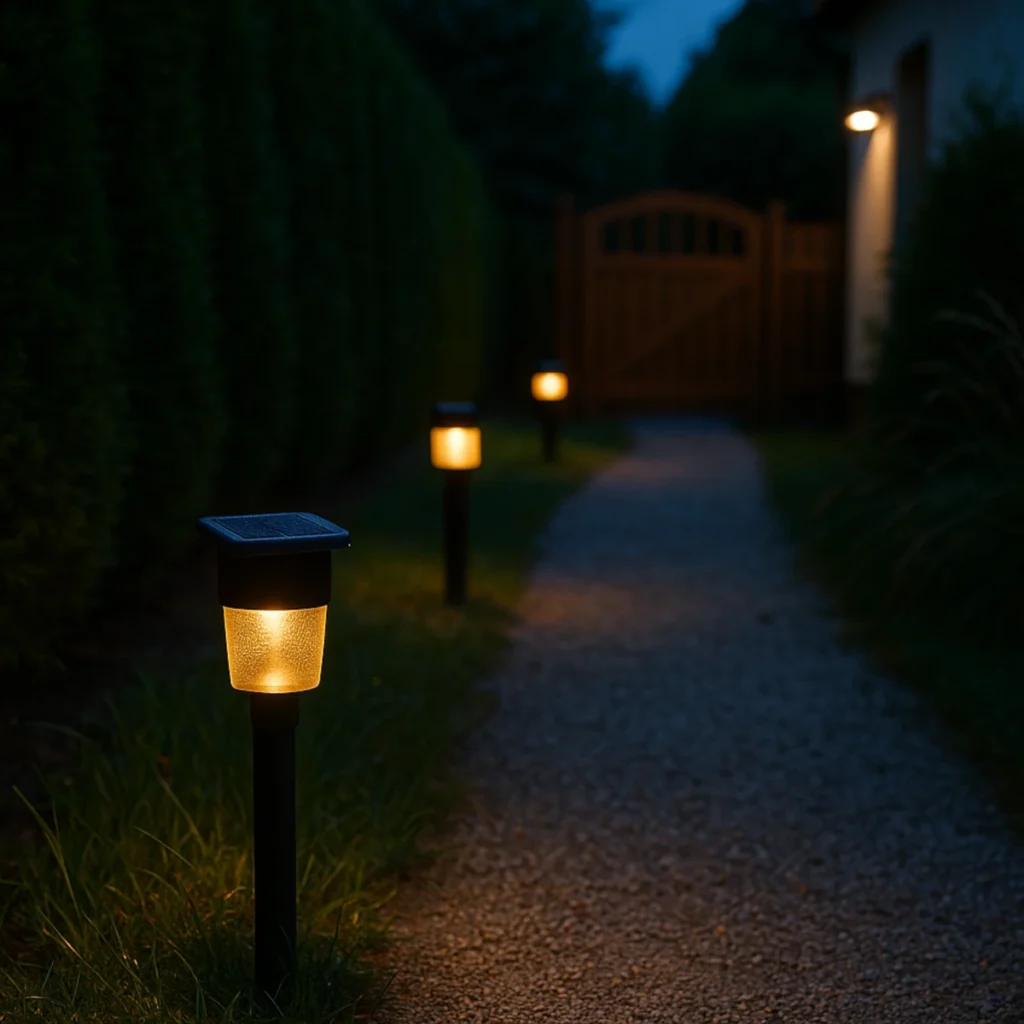 Oświetlenie ogrodowe solarne przy żwirowej alejce, lampy z panelami PV i kinkiet z czujnikiem PIR przy bramce