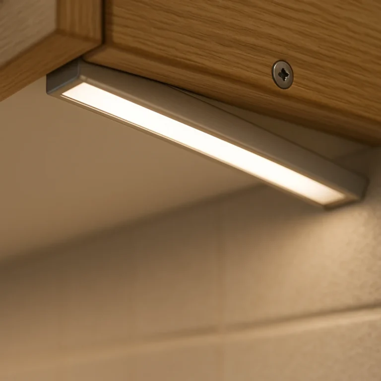 Oświetlenie podszafkowe do kuchni – detal profilu aluminiowego z opalowym dyfuzorem i solidnym mocowaniem