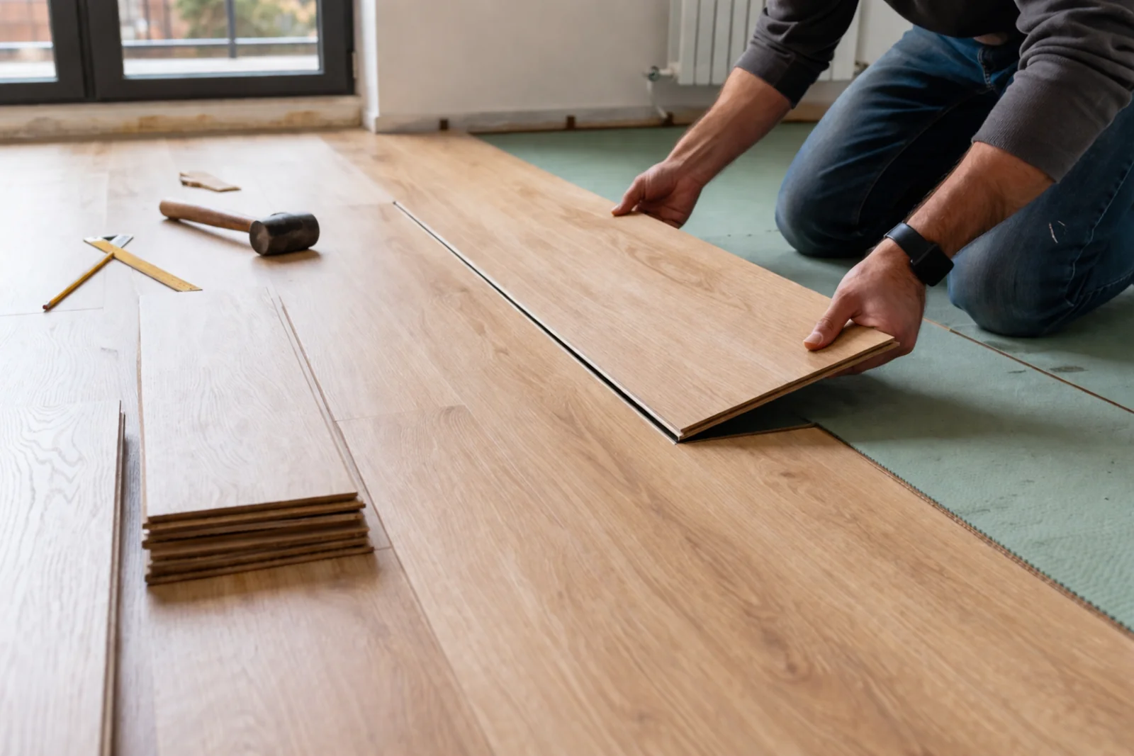 Montaż paneli podłogowych w domu – układanie jasnych paneli laminowanych na podkładzie