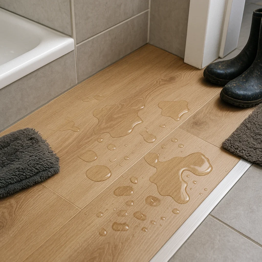 Panele podłogowe do domu – wodoodporne SPC przy wejściu do łazienki z kroplami wody i profilem progowym