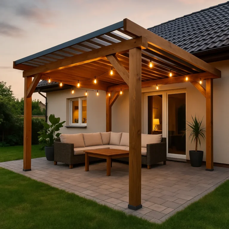 Pergola ogrodowa drewniana na tarasie z lamelowym zadaszeniem i oświetleniem LED wieczorem