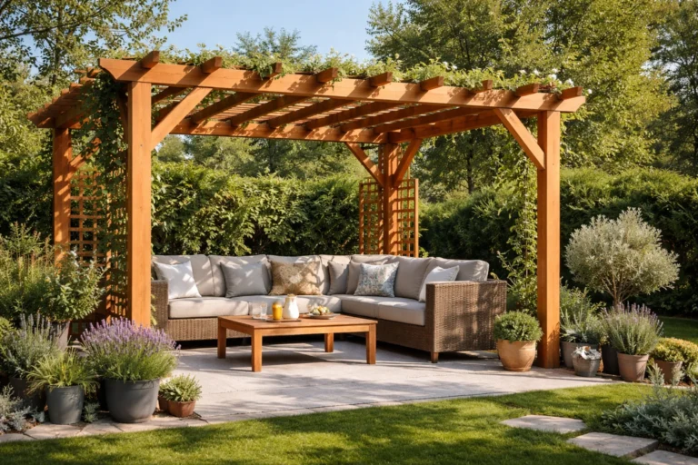 Drewniana pergola ogrodowa z miejscem wypoczynkowym, sofą narożną i stolikiem na tarasie w zadbanym ogrodzie