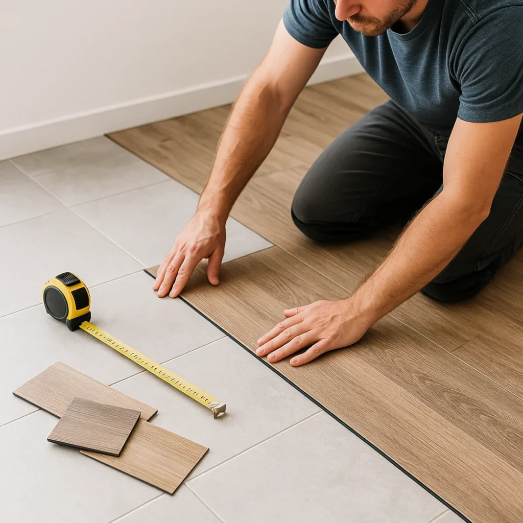 Mężczyzna montuje panele winylowe przy styku z płytkami podłogowymi w jasnym pokoju