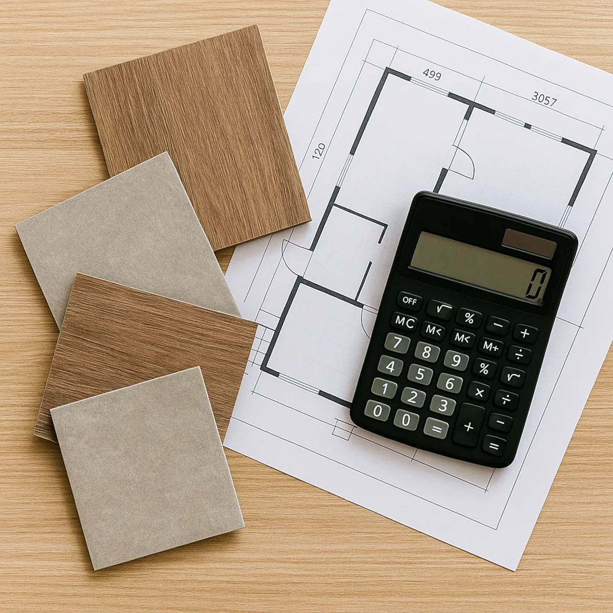 Próbki płytek i paneli winylowych z kalkulatorem i rzutem mieszkania na biurku