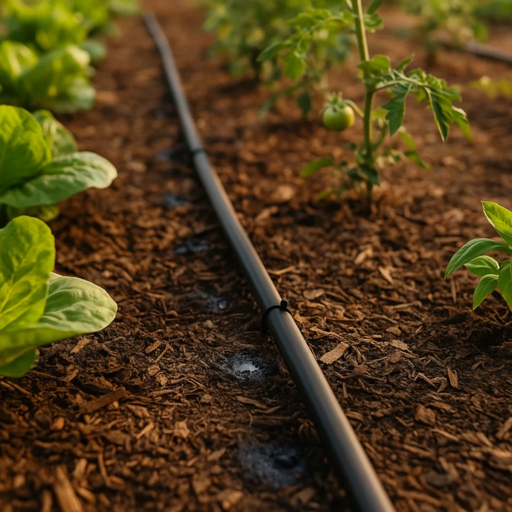 Podlewanie kropelkowe na długim odcinku – linia 16 mm ze szpilkami, mokre plamy przy emiterach wzdłuż grządki