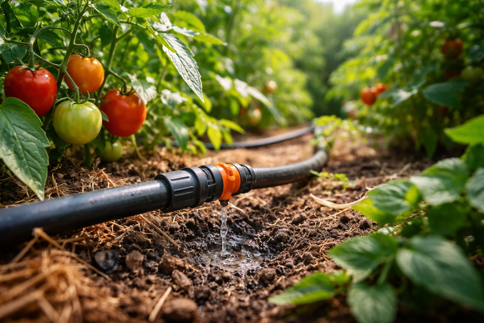 Podlewanie kropelkowe pomidorów w ogrodzie – linia nawadniająca podaje wodę bezpośrednio do gleby przy roślinach