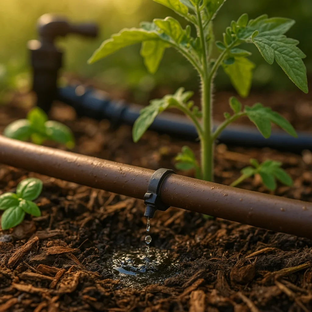 Podlewanie kropelkowe przy pomidorze – linia 16 mm na ściółce, kropla trafia do strefy korzeniowej