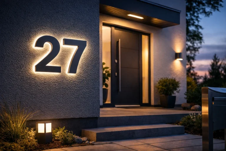 Podświetlany numer domu na nowoczesnej elewacji przy wejściu do budynku po zmroku