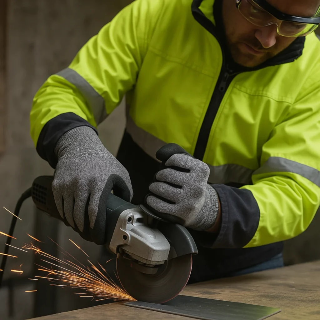 Rękawice ochronne antyprzecięciowe przy cięciu metalu szlifierką w warsztacie