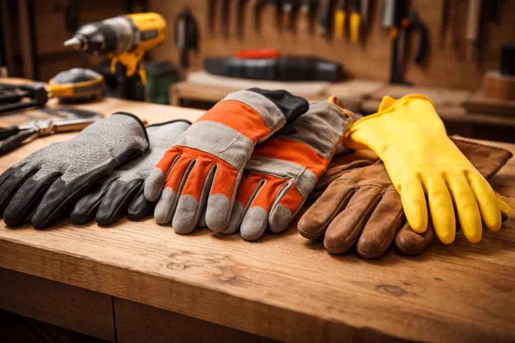 Różne rękawice ochronne ułożone na drewnianym stole warsztatowym w przydomowym warsztacie