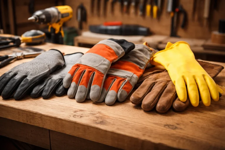 Różne rękawice ochronne ułożone na drewnianym stole warsztatowym w przydomowym warsztacie