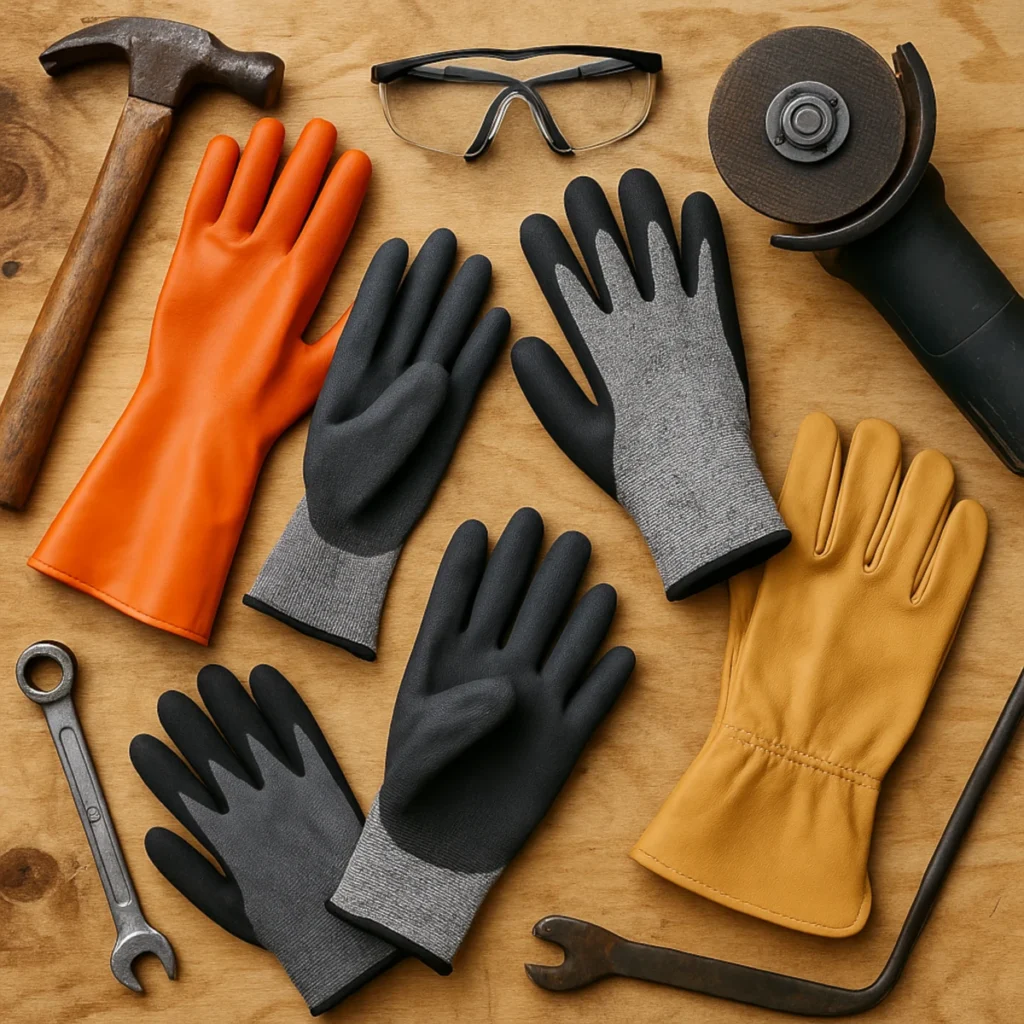 Rękawice ochronne – zestaw rodzajów do różnych prac na stole warsztatowym