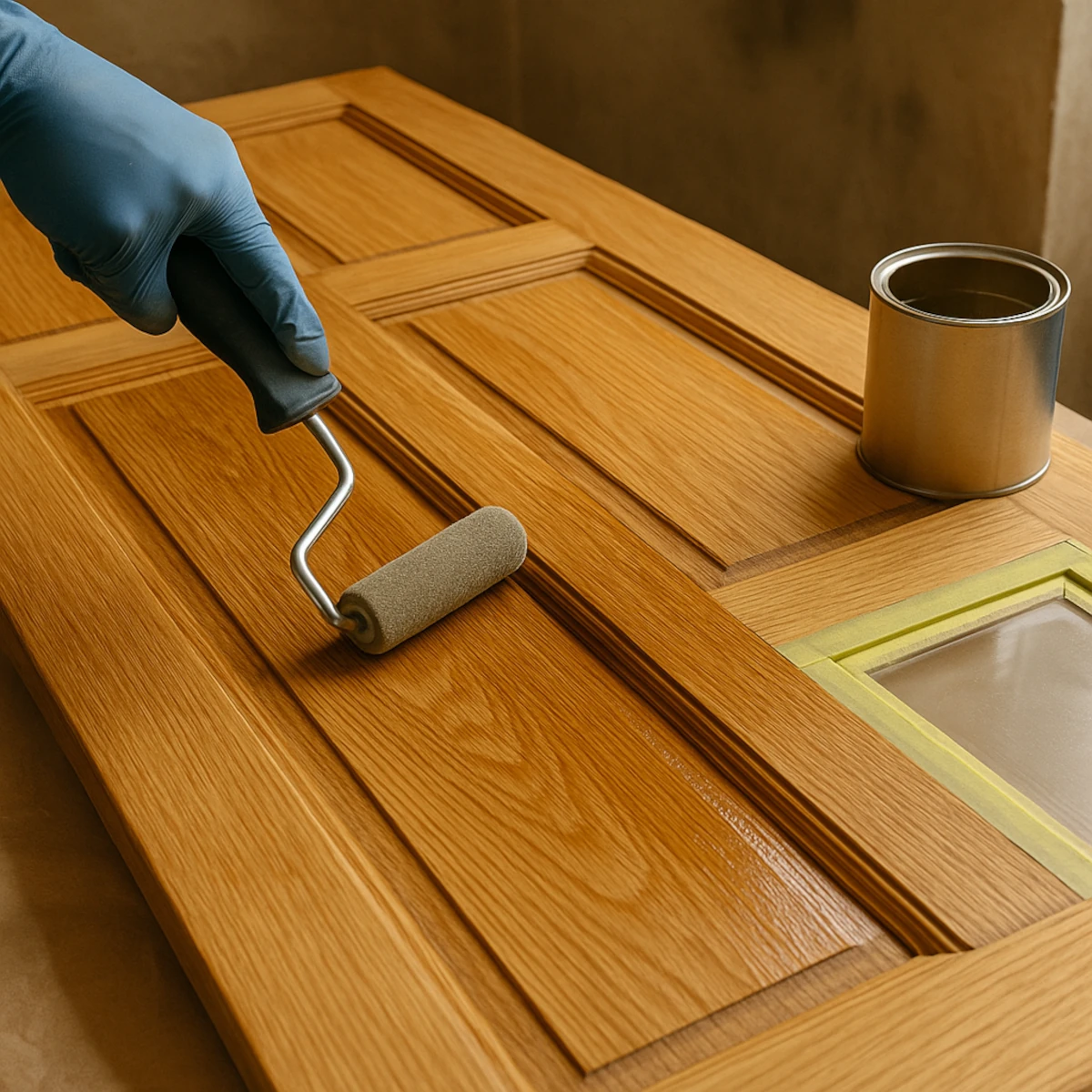 Renowacja starych drewnianych drzwi – nakładanie lakieru półmat wałkiem na odnowione skrzydło