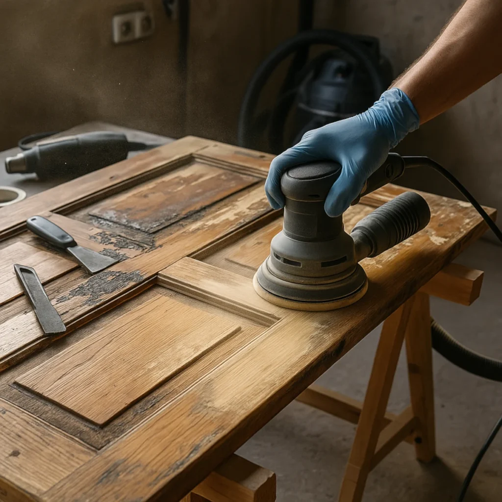 Renowacja starych drewnianych drzwi – szlifowanie skrzydła szlifierką mimośrodową w domowym warsztacie