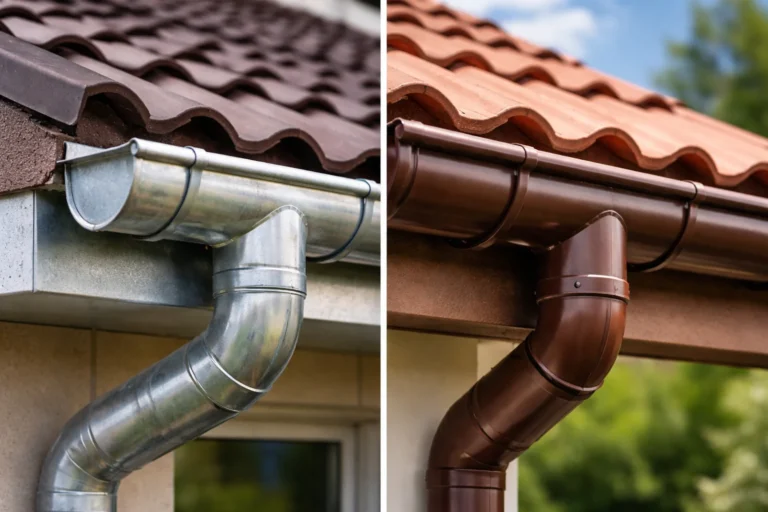Porównanie rynien metalowych i plastikowych na dachu domu jednorodzinnego