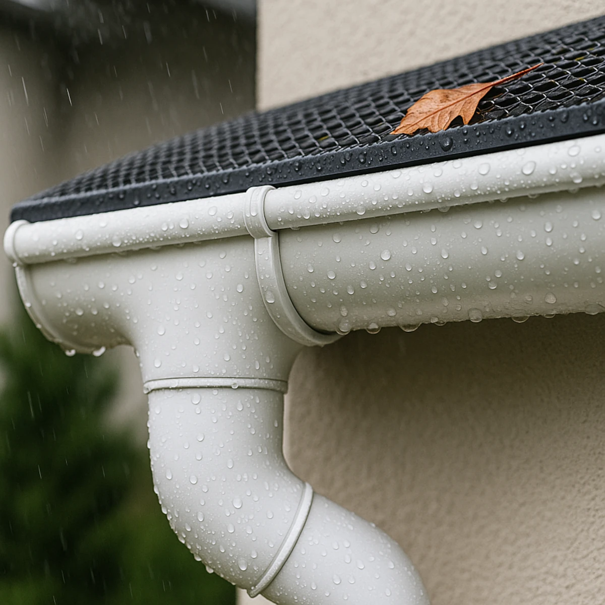 Rynna PVC 125 mm w deszczu – siatka przeciw liściom i rura spustowa w narożniku