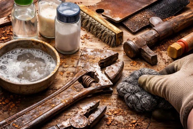 Zardzewiałe narzędzia ręczne podczas czyszczenia na warsztatowym blacie