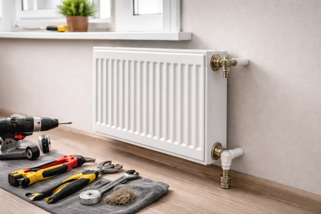 Wysoki i krótki biały grzejnik panelowy zamontowany przy ścianie w trakcie wymiany, z narzędziami ułożonymi na podłodze