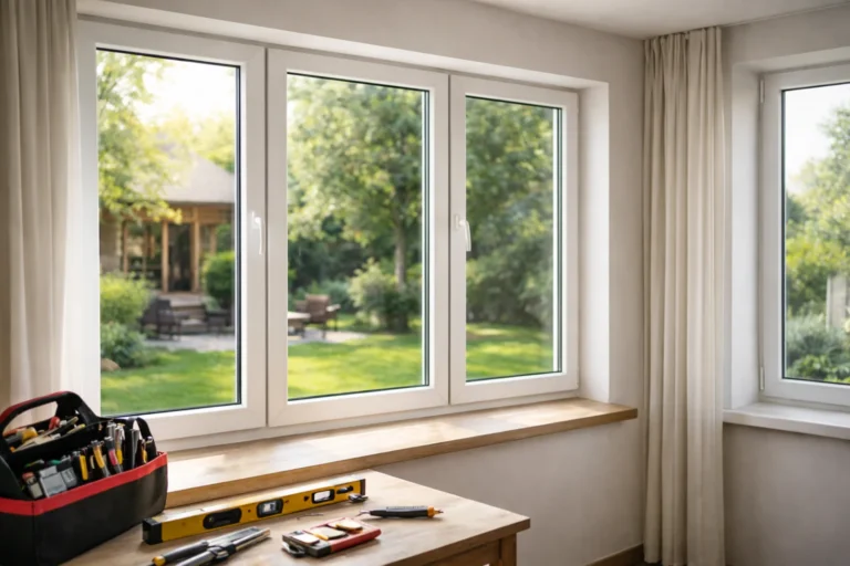 Nowe białe okna PVC po wymianie w domu jednorodzinnym, widok od środka na zamknięte okna i zielony ogród