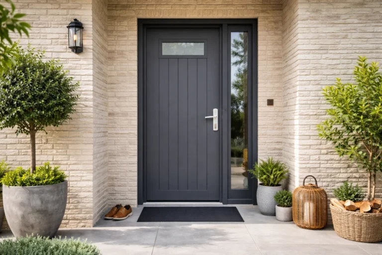 Nowoczesne drzwi wejściowe do domu jednorodzinnego z ciemnym skrzydłem, bocznym przeszkleniem i jasną elewacją