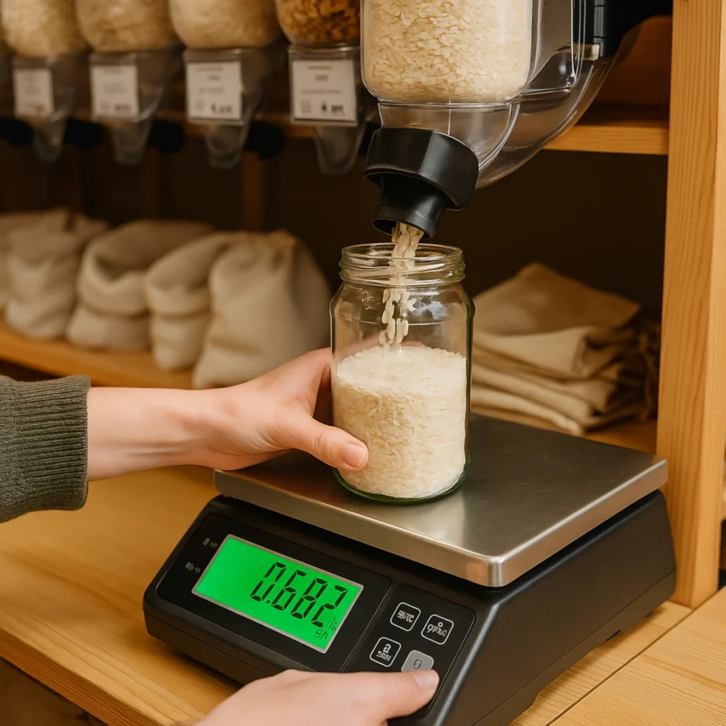 Zakupy bez opakowań – słoik na wadze 0,682 kg pod dozownikiem ryżu w stacji refill