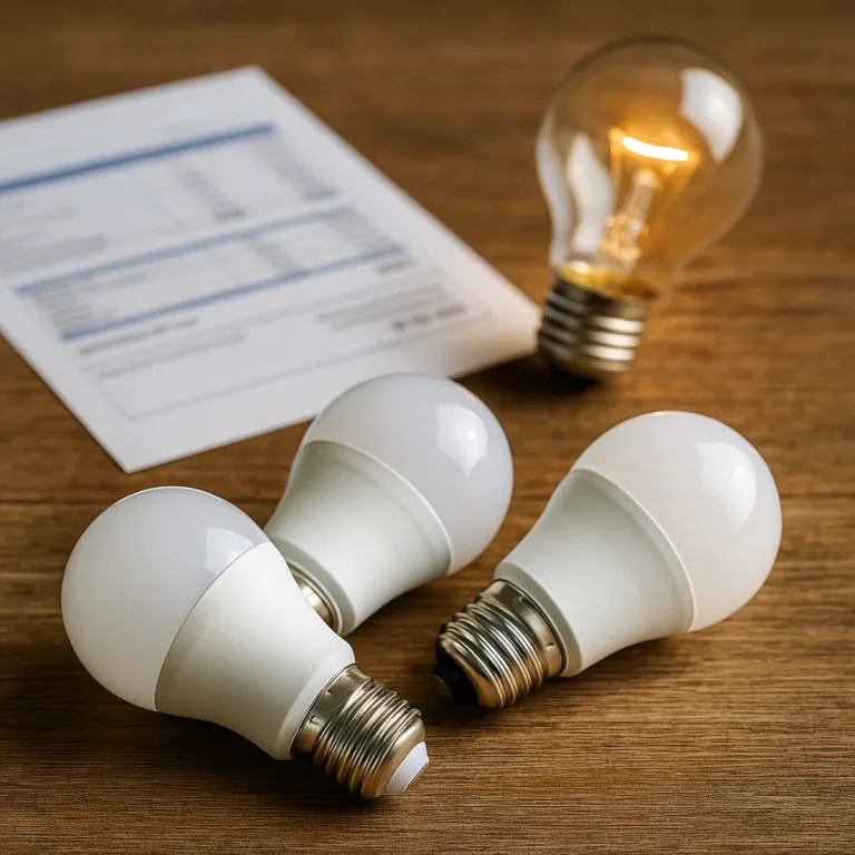 Żarówki energooszczędne LED na drewnianym stole obok rachunku za prąd