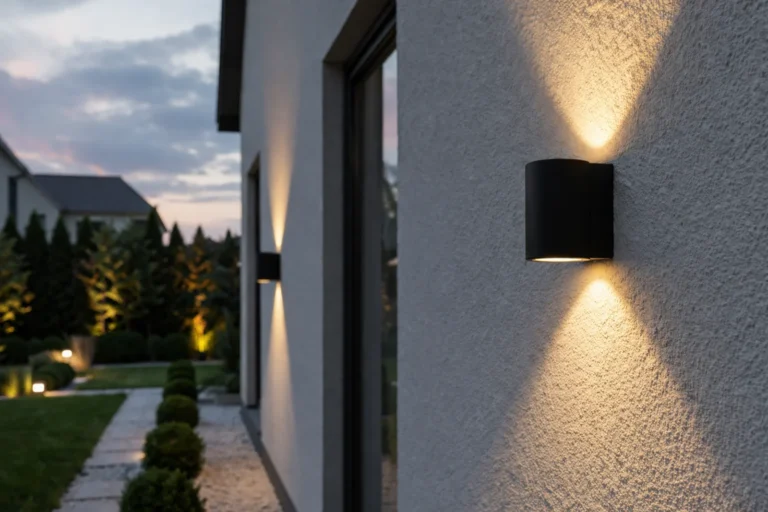 Zewnętrzne kinkiety LED na nowoczesnej eleacji domu, ciepłe światło oświetla taras i wejście po zmroku