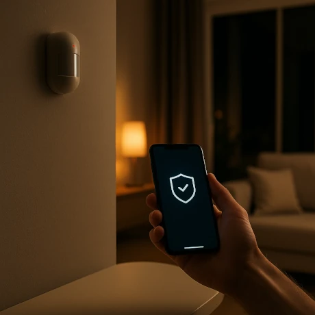 Salon z czujką PIR i smartfonem z aplikacją, alarm domowy bezprzewodowy w nowoczesnym domu.