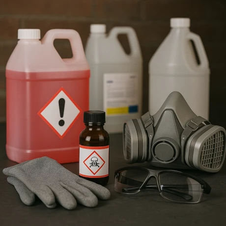 Zestaw chemikaliów i środków ochrony osobistej ustawionych na stole w warsztacie.