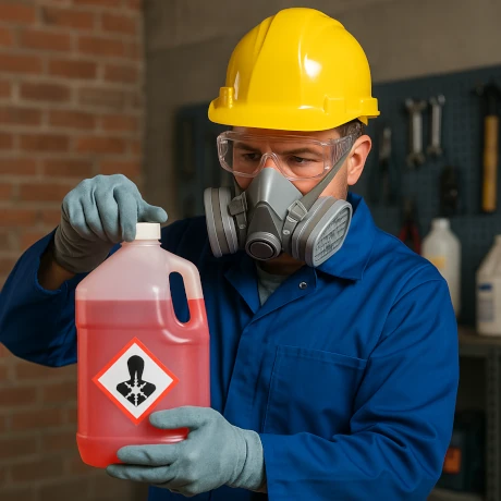 Pracownik w masce ochronnej i kasku trzyma pojemnik z substancją chemiczną oznaczony symbolem zagrożenia.