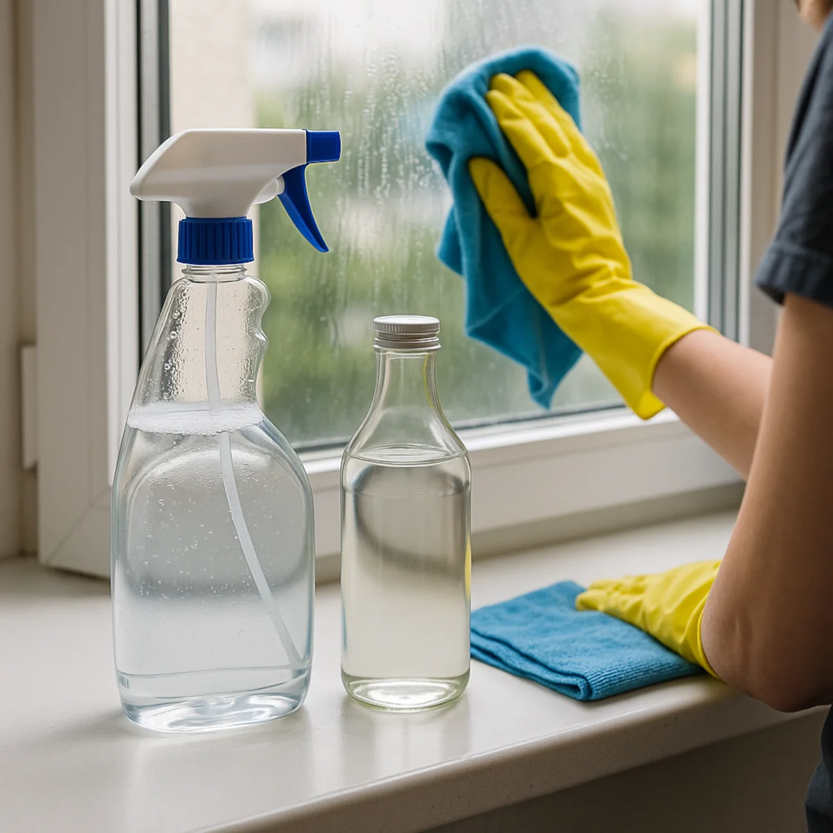 Mycie okien octem – ręka w żółtej rękawicy wyciera szybę mikrofibrą obok butelki z roztworem octu