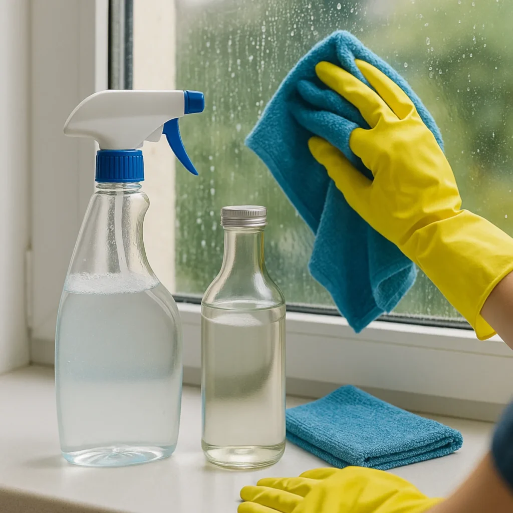 Czyszczenie okna roztworem octu – spryskiwacz, butelka z octem i mikrofibra na parapecie