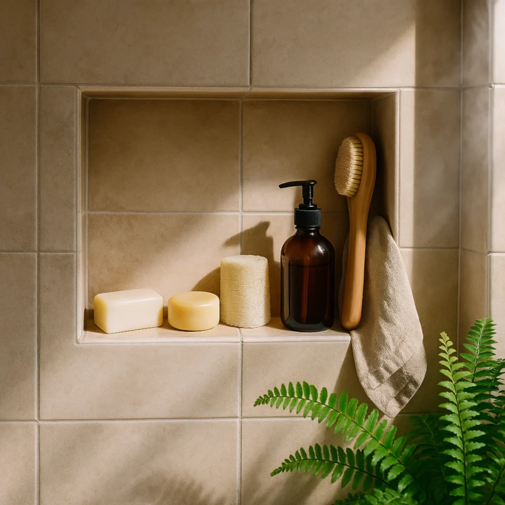 Eko kosmetyki w łazience: mydła w kostce, butelka na refill, szczotka drewniana i gąbka roślinna – praktyczny przykład, co to są eko produkty