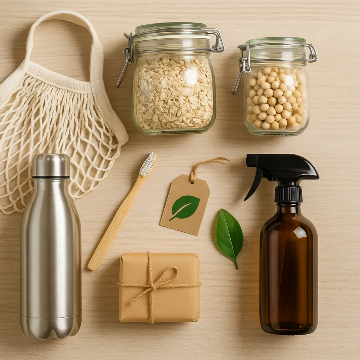 Płaskie ujęcie domowych eko produktów: szklane słoiki, szczoteczka bambusowa, mydło w papierze, bawełniana torba, butelka wielorazowa i płyn w butelce na refill – ilustracja tego, co to są eko produkty na co dzień.