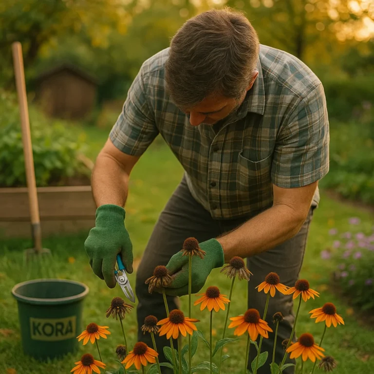 Ogrodnik bez widocznej twarzy przycina przekwitłe jeżówki na rabacie pod koniec lata.